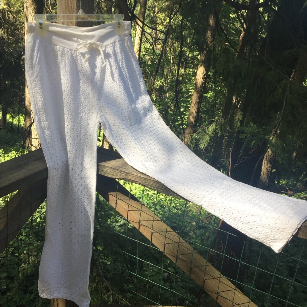 Made in Italy white cotton eyelet sheer  mesh lace long pants - Picture 2 of 6